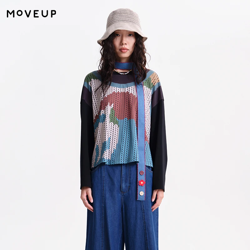 

MOVEUP Long-sleeve T-Shirt 2026 Spring 100 Cotton Round Neck Fake Two-Piece Knitted Fun Printing Personalized Tops 3ELC10523
