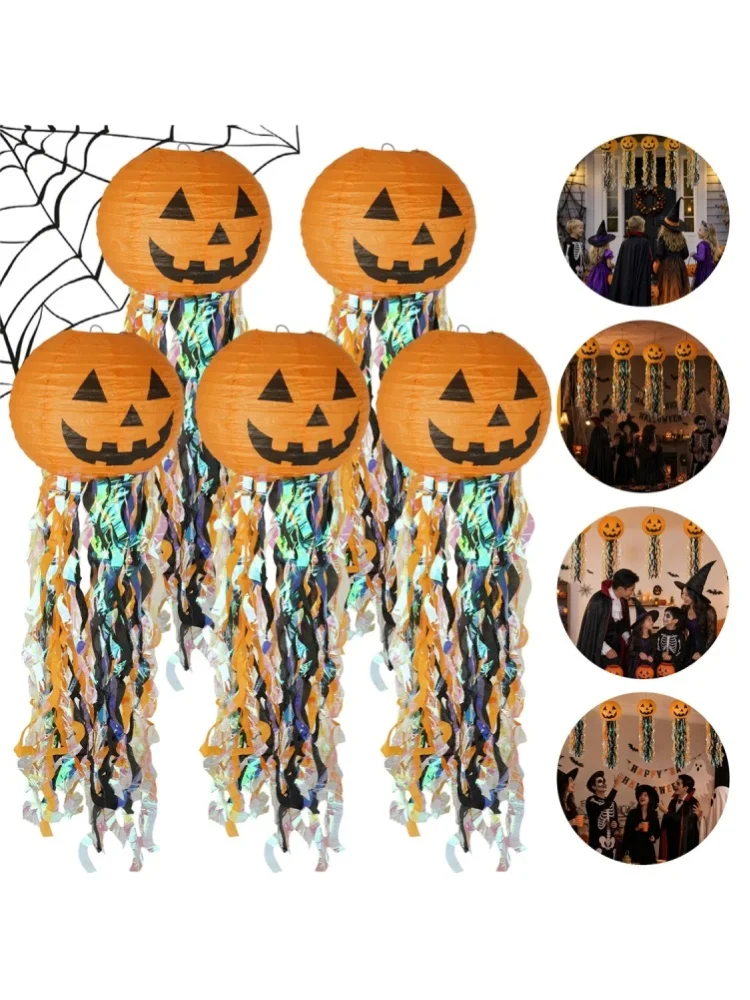 Halloween-Festdekoration zum Aufhängen, 5 Stück, faltbare Kürbislaternen, Jack-O-Lantern-Ornamente für Veranda, Decke, Innen- und Außenbereich.