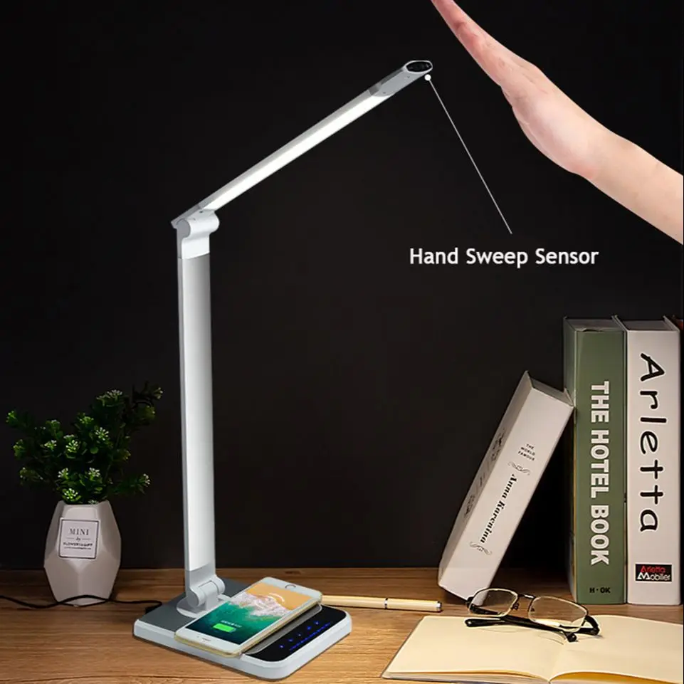 Imagem -02 - Sensor de Varredura Mão qi Wireless Charging Table Lamp Led Desk Light com Carregador sem Fio Cct Brilho Ajustável Auto Timer