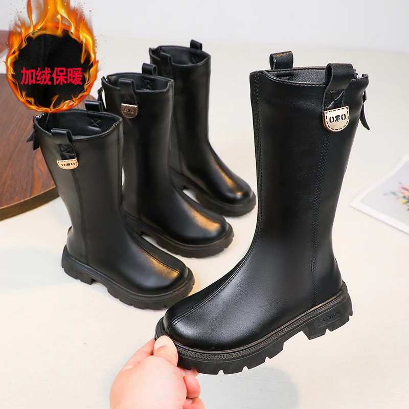 Children Fashion Ankle Boots Winter Girls Shoes Black Waterproof Mid-Calf Boot with Side Zipper and Decorative Metal Badge