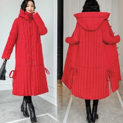 2023 New Women Down Cotton Coat Winter Jacket Female Long Knee Length Loose Parkas Literary Retro Outwear Hooded Overcoat