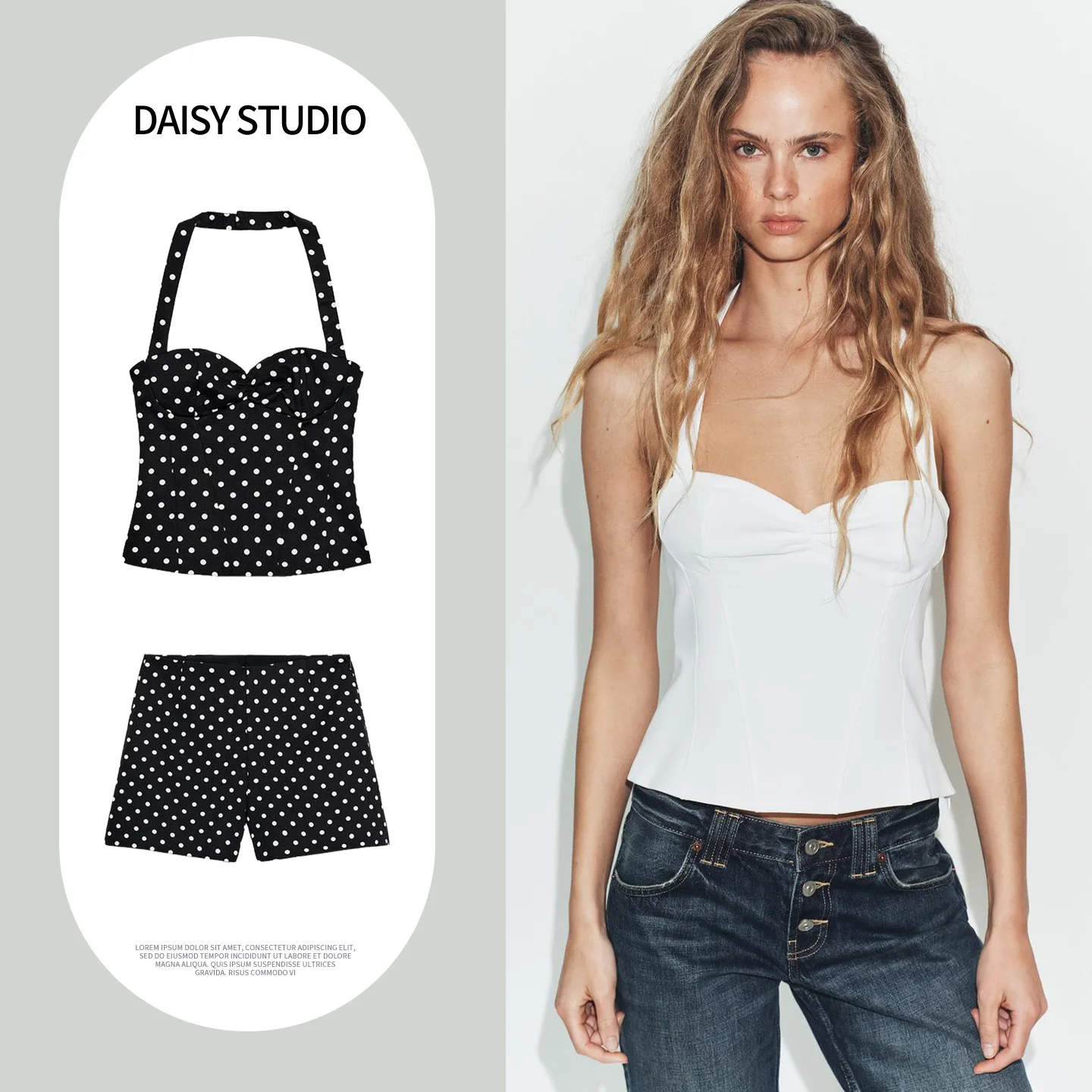 

Heart Shaped Collar Gored Neck Hanging Neck Casual Short Pants High Waist Zipper Style Women's Fashion Set Spring Season