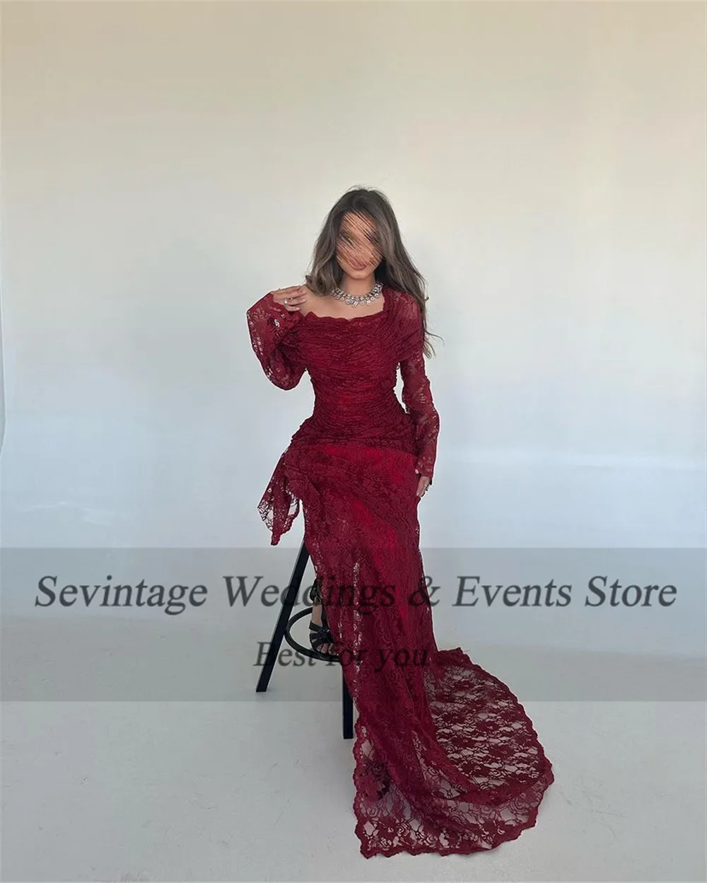 Sevintage Customized Red Lace Prom Dress Mermaid Scoop Long Flare Sleeves Floor Length With Sweep Train Evening Dress 2024