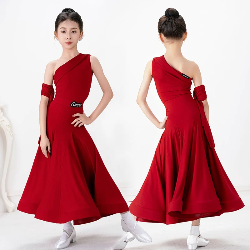 2026 Rotes Ballsaal-Tanzkleid für Mädchen, moderne Standard-Tanzkleidung, ärmelloses Tanzkostüm für Kinder, Walzer-Übungskleidung 5375