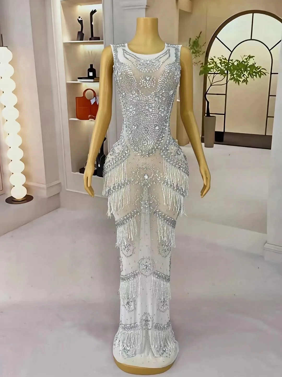 Luxurious Crystals Fringes Chain Rhinestones Stretch Dress Birthday Celebrate Outfit Evening Dance SInger Performance Dress