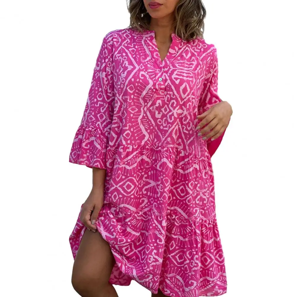 Women Dress Three Quarter Horn Sleeve Geometric Print A-line Patchwork Loose Hem V Neck Bohemian