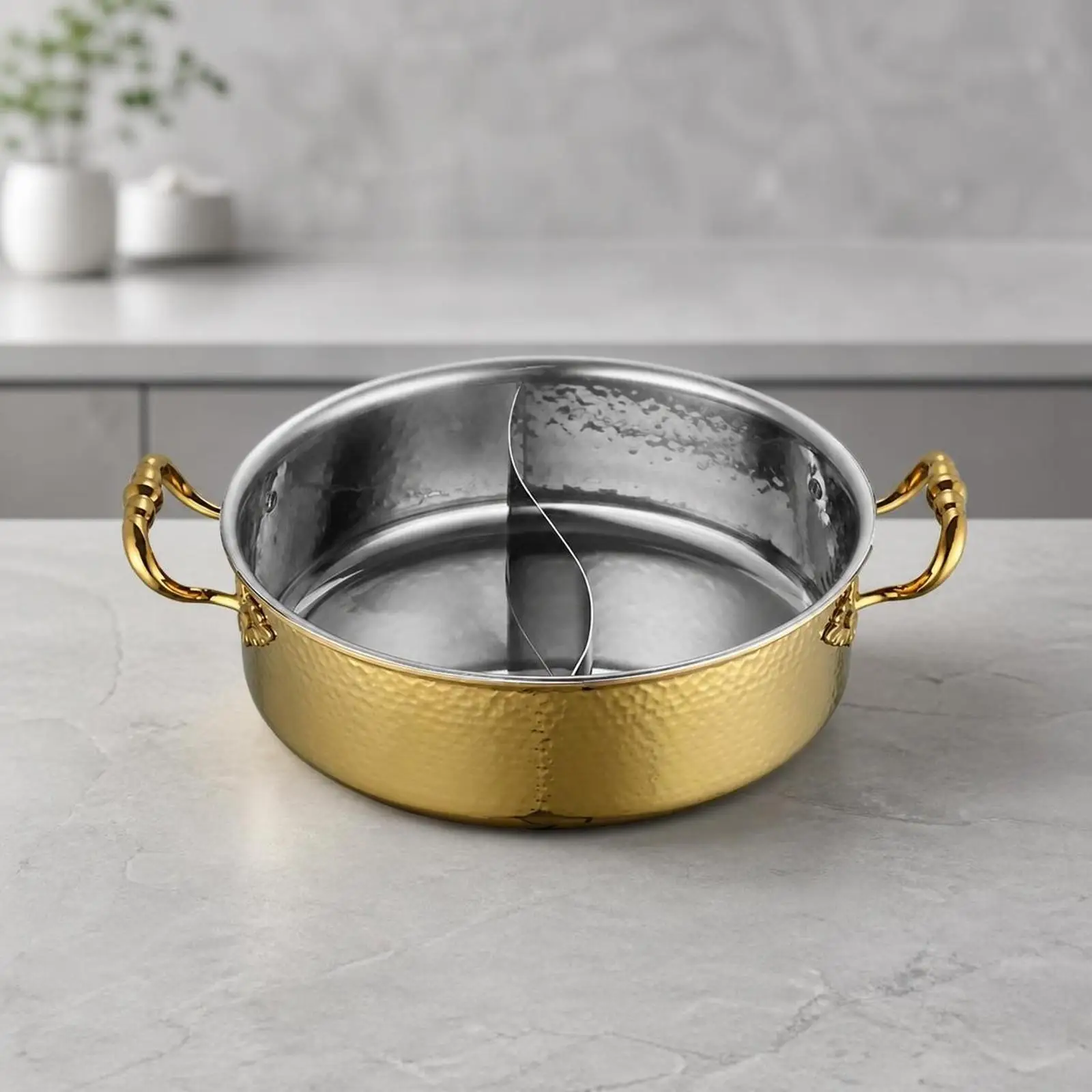 Stainless Steel Cookware with Gold Hammered Finish and Protective Handles for Hot Pot Meals and Social Dining Events