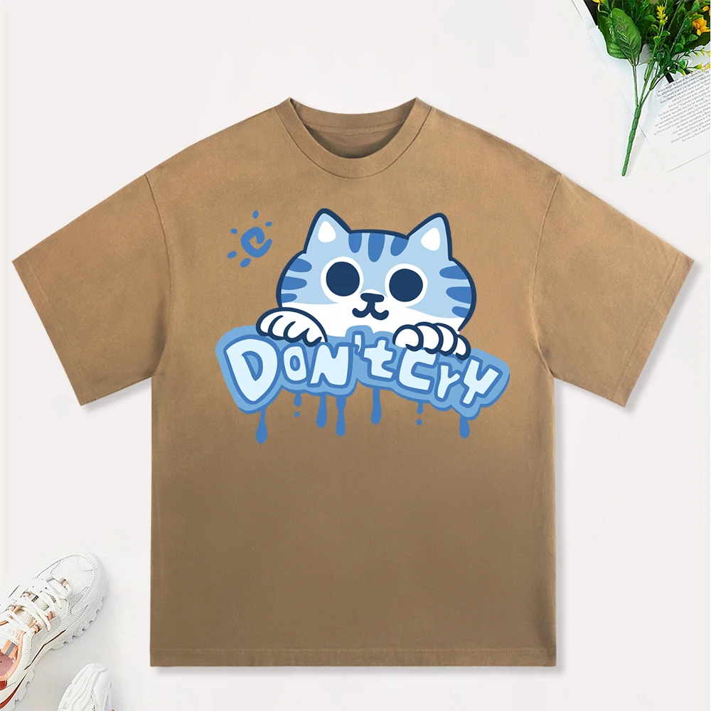 Don'T Cry Blue Cartoon Cat Printing Women Tie-Dye T-Shirt All-Match Casual Short Sleeve Cotton Streetwear Hip Hop Loose Top