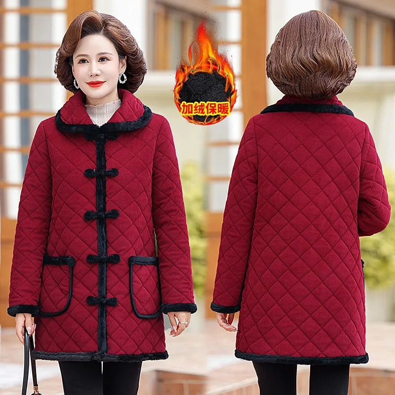 

Corduroy Winter Coat Middle Aged Elderly Women Women's Cotton Coat Parkas Winter Ladies Retro buckle Velvet Padded Jacket