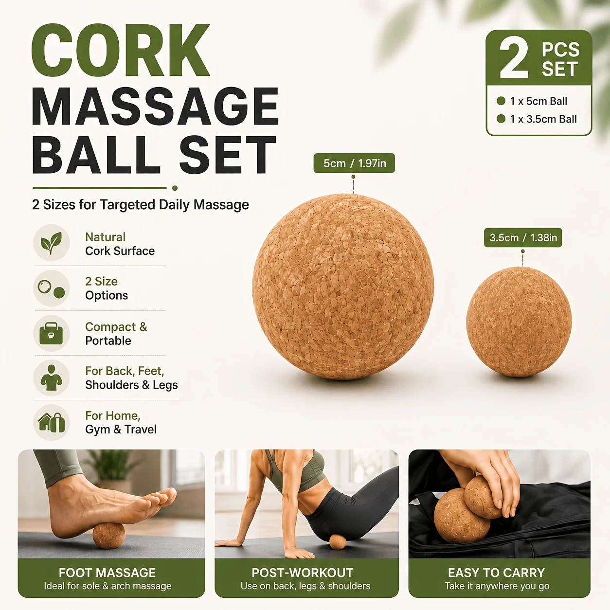 Myofascial Release Ball Set, Multi-Size Cork Massage Balls, Portable Massage Ball Tool for Fitness Yoga And Daily Relaxation