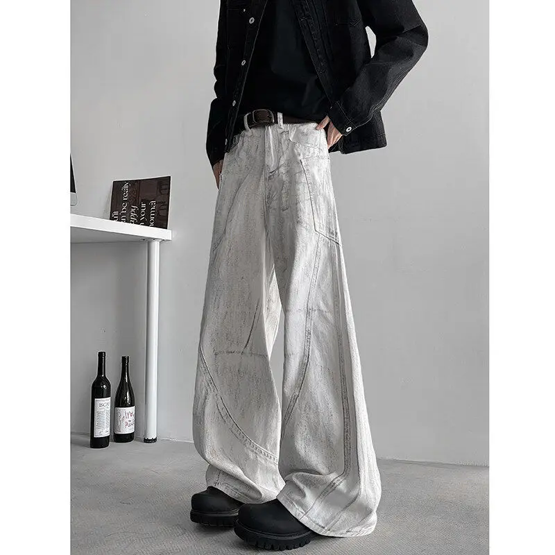 

Американские джинсы High Street Sle Faded Wide Leg для мужчин, весенние модные свободные длинные брюки, рабочая одежда, тренд Cleanfit