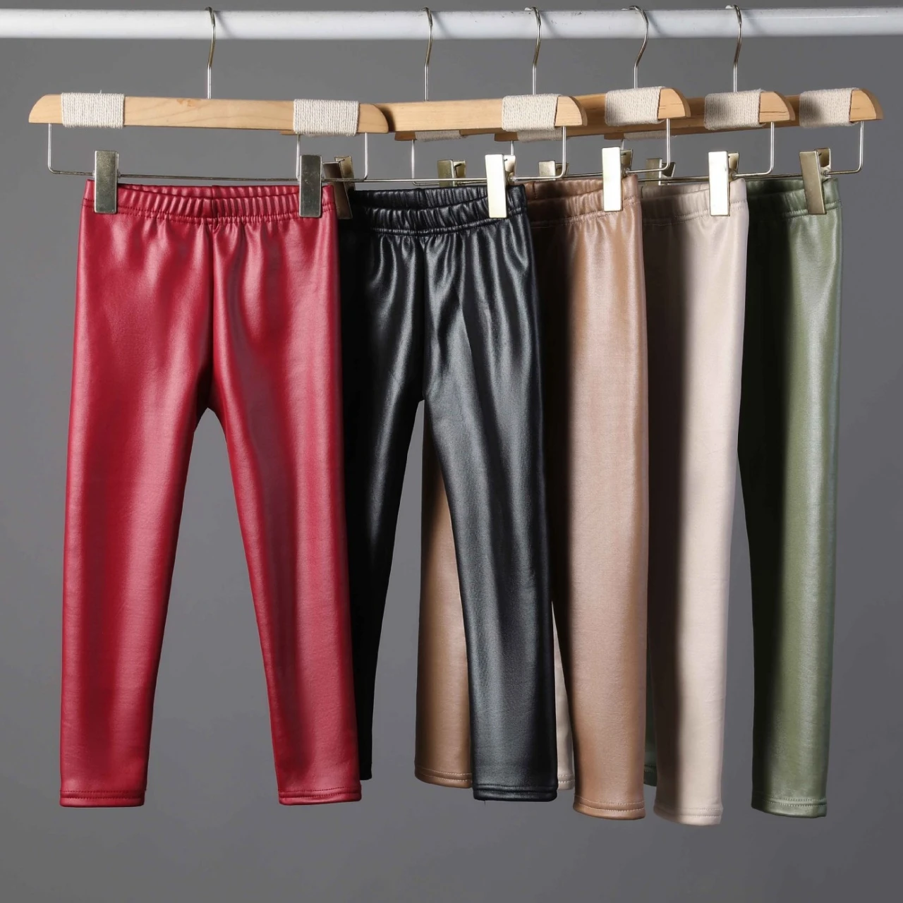 Faux Leather Thicked Warm Children\'s Pants Candy Color Slim Kids  Ｇirls Leggings for Autumn Winter
