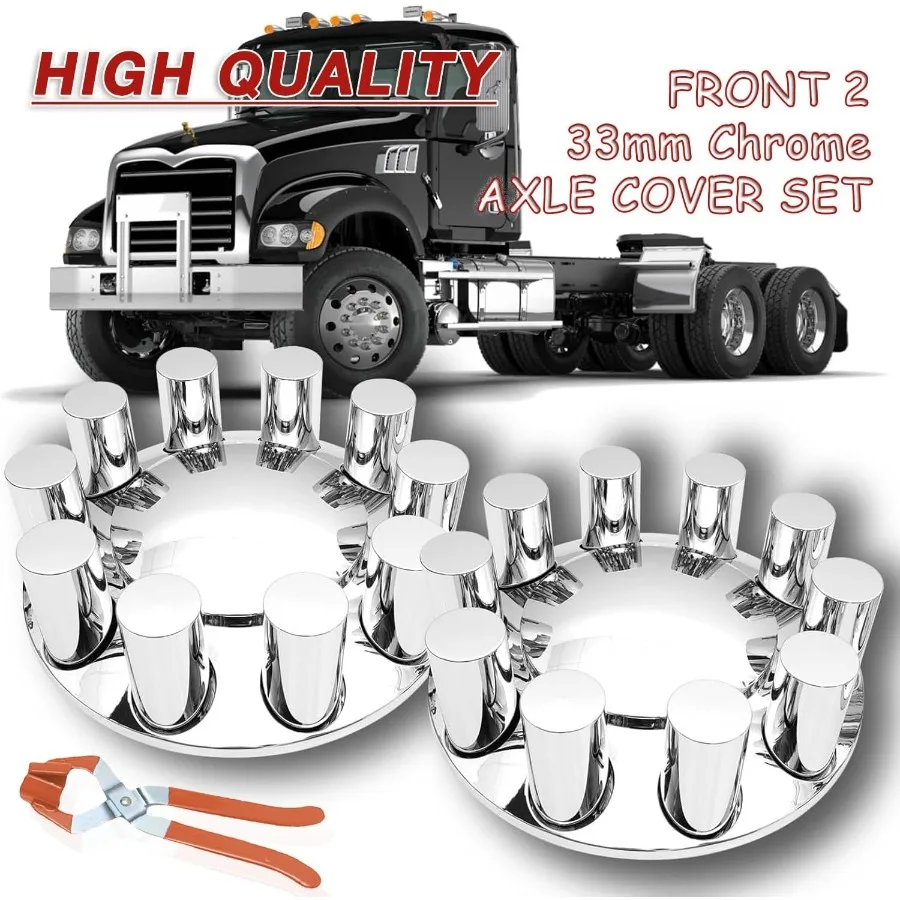 セミトラック用33mmクロームフロントアクスルホイールカバーセット、ABSプラスチック製ホイールハブキャップ、ネジ式ラグナットカバー付き、フロントアクスルホイール2個用
