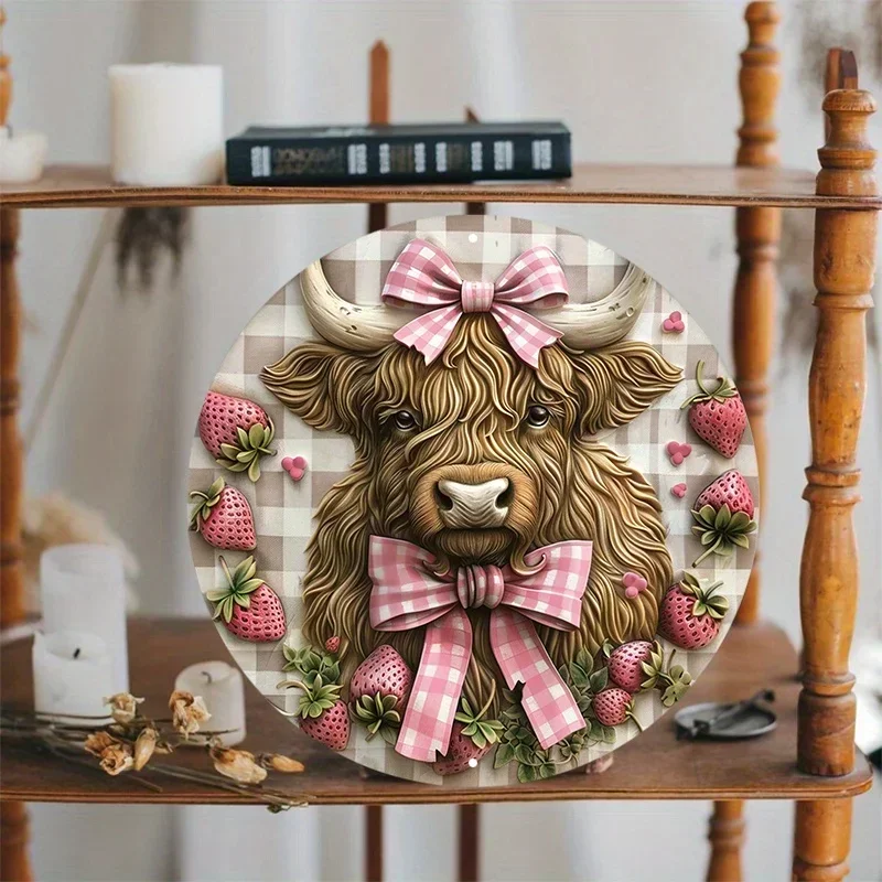 Highland Cow Metal Sign Art Set, Aluminum Door Hanger, Waterproof Wall Decor with Strawberry and Pink Bow Design, 8in, 11.8in