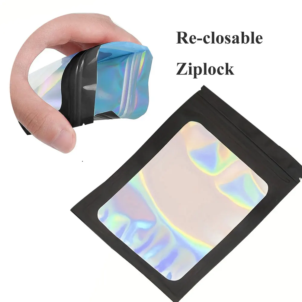 Jewelry Data Lightning Cable Packing, Pouch with Window,Black Ziplock Holographic Mylar Packaging Bag for Small Business