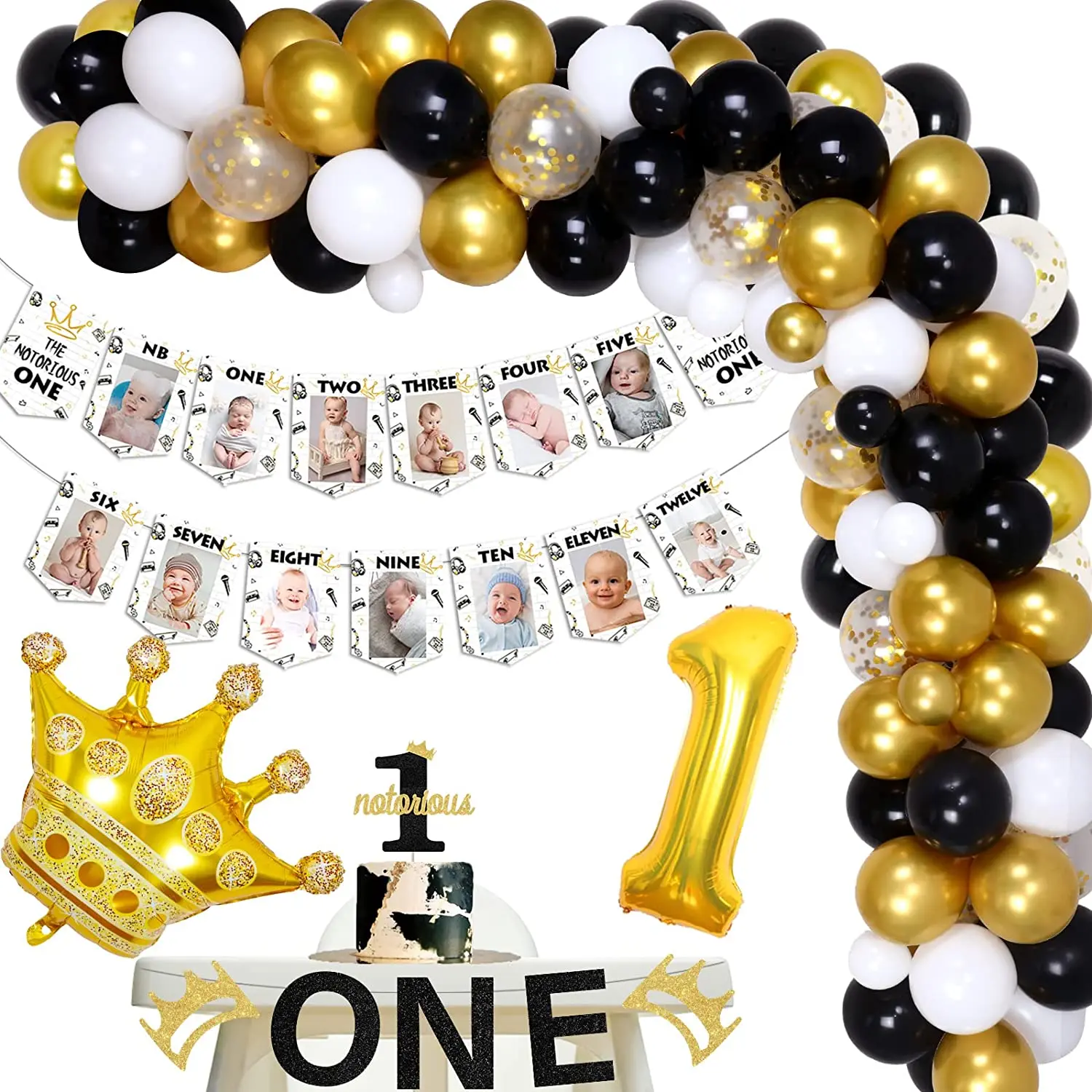 

Funmemoir Hip Hop First Birthday Decorations Notorious One Cake Topper Photo Banner Black Gold Balloons for Big One 1st Birthday