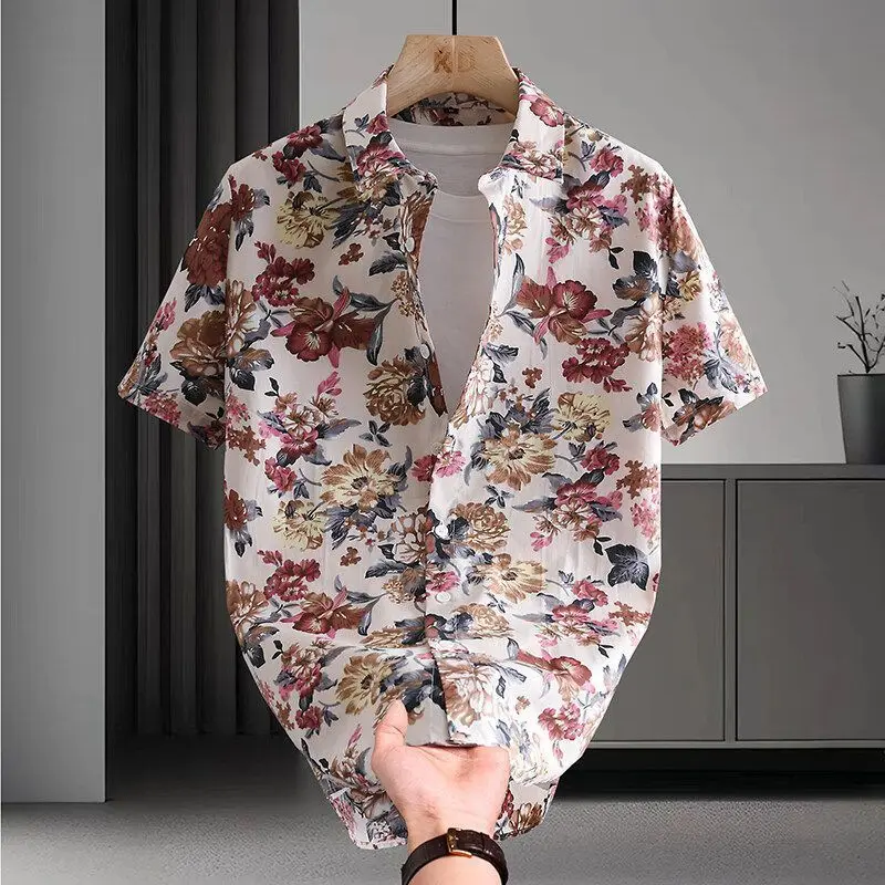 

Men's Thin Short Sleeve Shirt Floral Pattern Summer Ice Silk Fabric Trendy Loose Fit