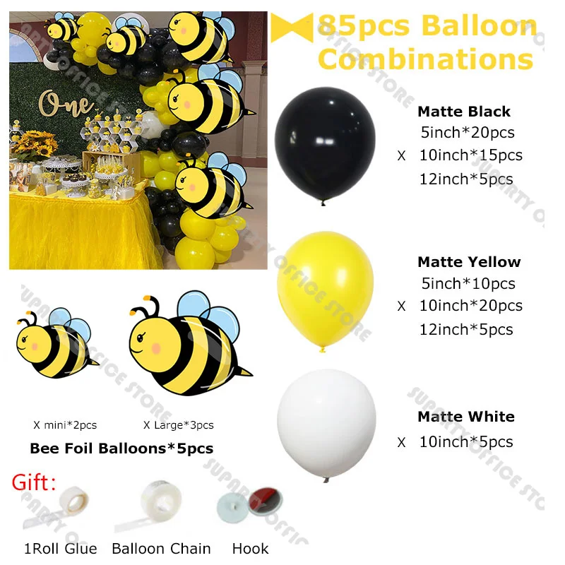 85pcs Bee Party Baby Shower Birthday Balloon Garland Arch Kit Black Yellow White Gender Reveal Wedding Baptism Party Decoration