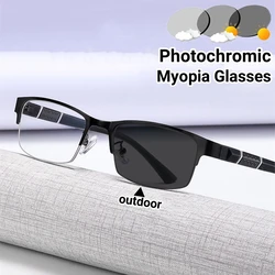 Metal Business Photochromic Myopia Glasses Classic Half Frame Anti-blue Light Eyewear Outdoor High Definition Near Sight Glasses