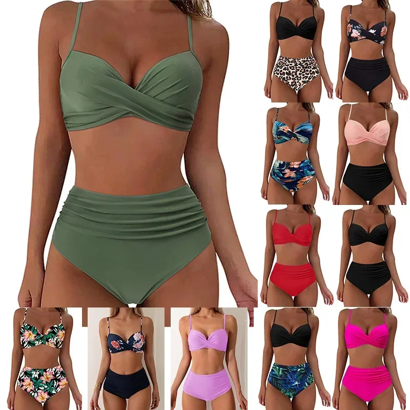 

2025 New Multicolor Print Bikini Set Pure Color Gathered High Waist Swimsuit Women's Fashionable Split Design Swimming Costume