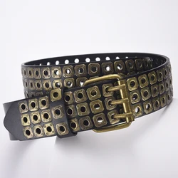 Hip-Hop Y2k Jeans Women's Belts Unisex Adjustable Double Row Needle Buckle Waistband Retro Square Rivet Rock Punk Men's Belt