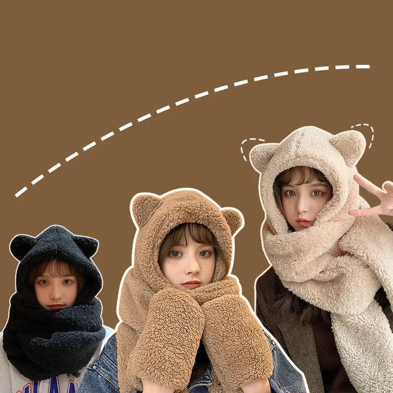 New 3pcs/set Thickened Bear Scarf, Hat & Glove Sets Women Cute Japanese Kawaii Winter Plush All-in-one Hooded Warm Gloves