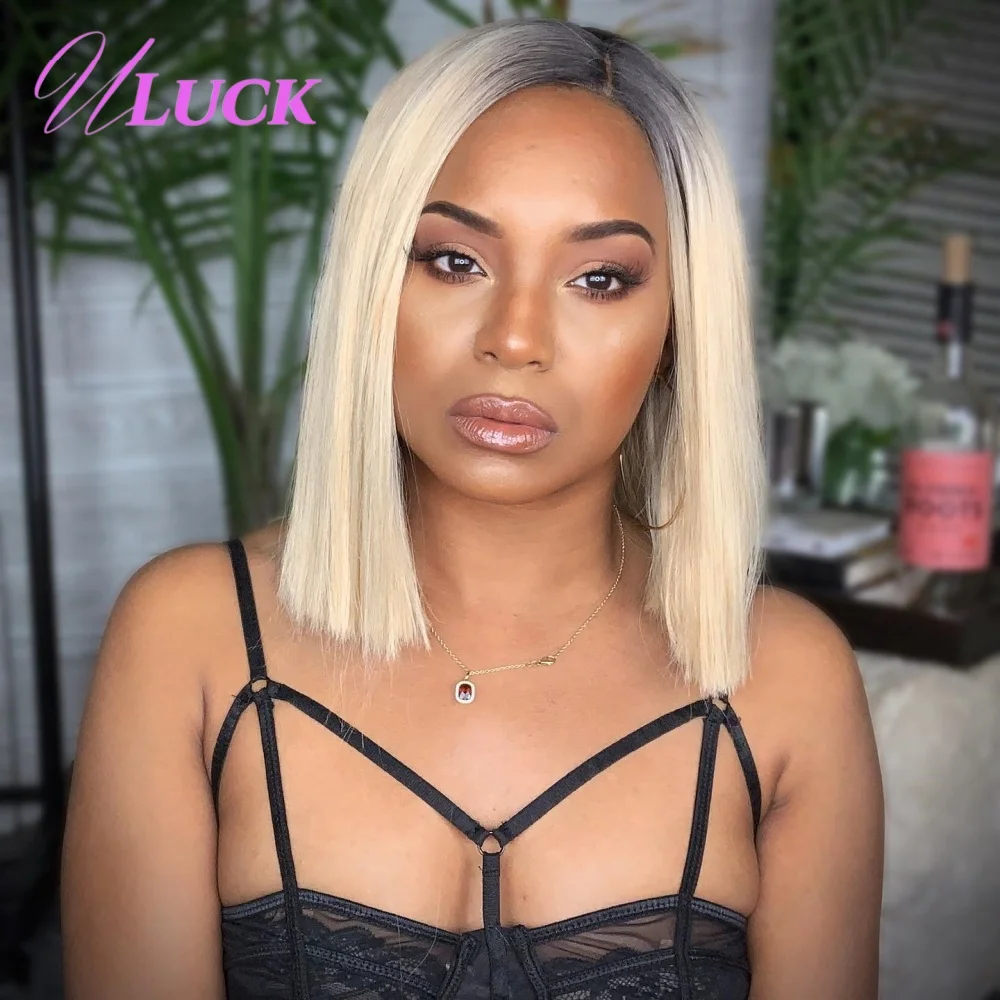 Parrucca Bob diritta con osso doppio disegnato Uluck Parrucche per capelli umani Remy 1b 613 Colore biondo 200% Densità 13x4 Parrucche frontali in pizzo da indossare per andare