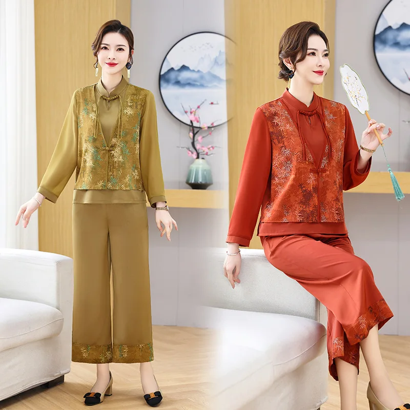 Mother's Spring National Style suit Women's 2024New Top+Wide Leg Pants suit Female Middle-aged Elderly Fashion Two-piece Set 5XL