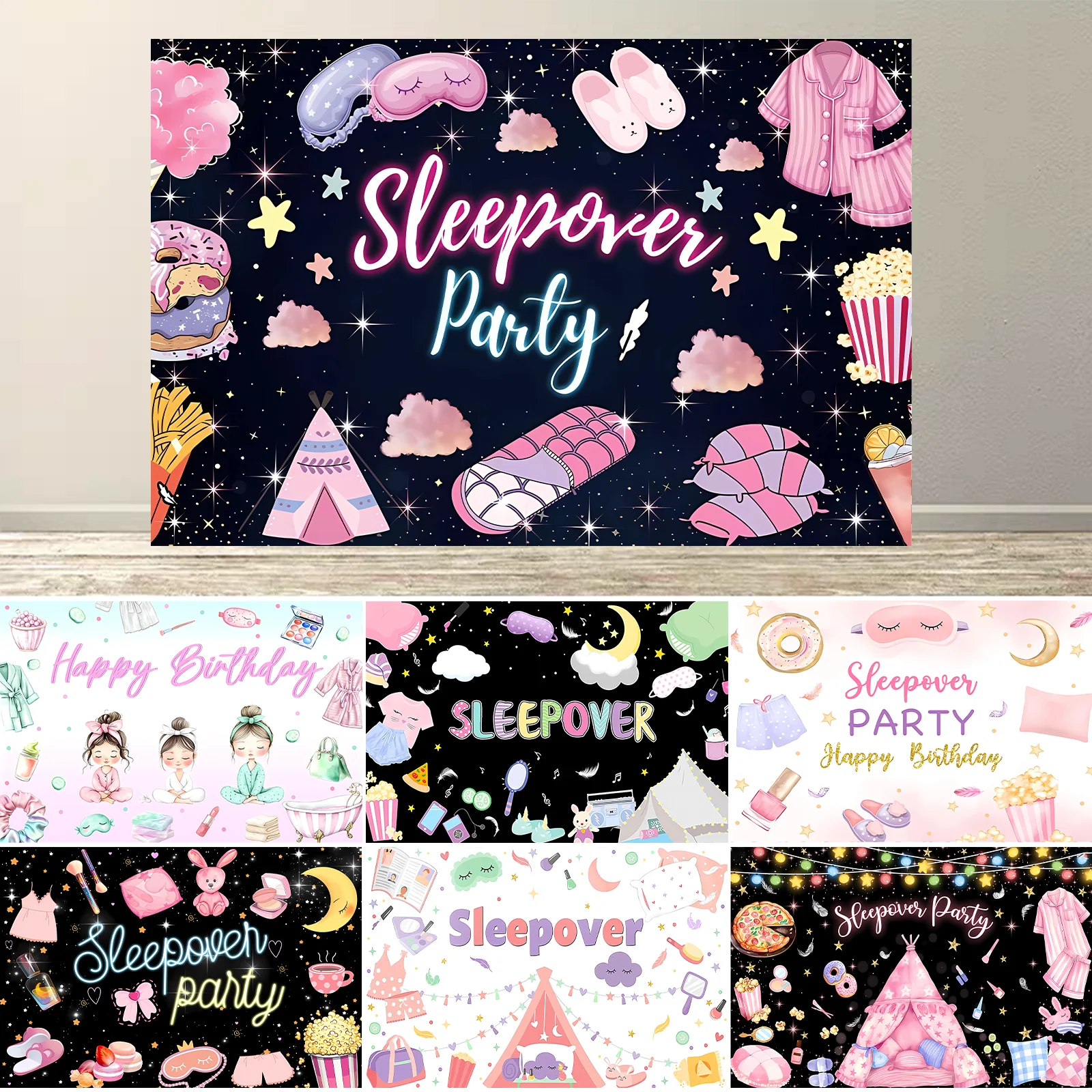 

Sleepover Backdrop Banner for Girls Slumber Spa Makeup Party Decoration Slumber Pajamas Pillow Fight Theme Backdrops Supplies