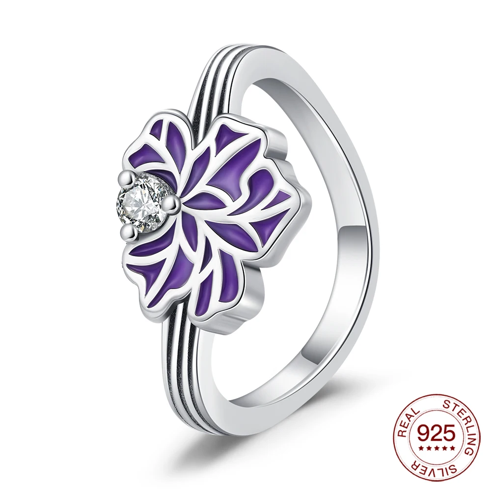 

925 Sterling Silver Purple Flower Ring Minimalist Hypoallergenic Jewelry Graduation Blessing Everyday Wear Gift For Women