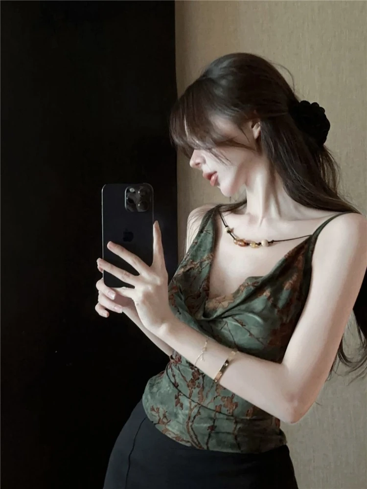Women's Thai Vintage Jacquard Beaded Cowl Neck Camisole Summer Slim Fit Y2k Streetwear Going Out Tops
