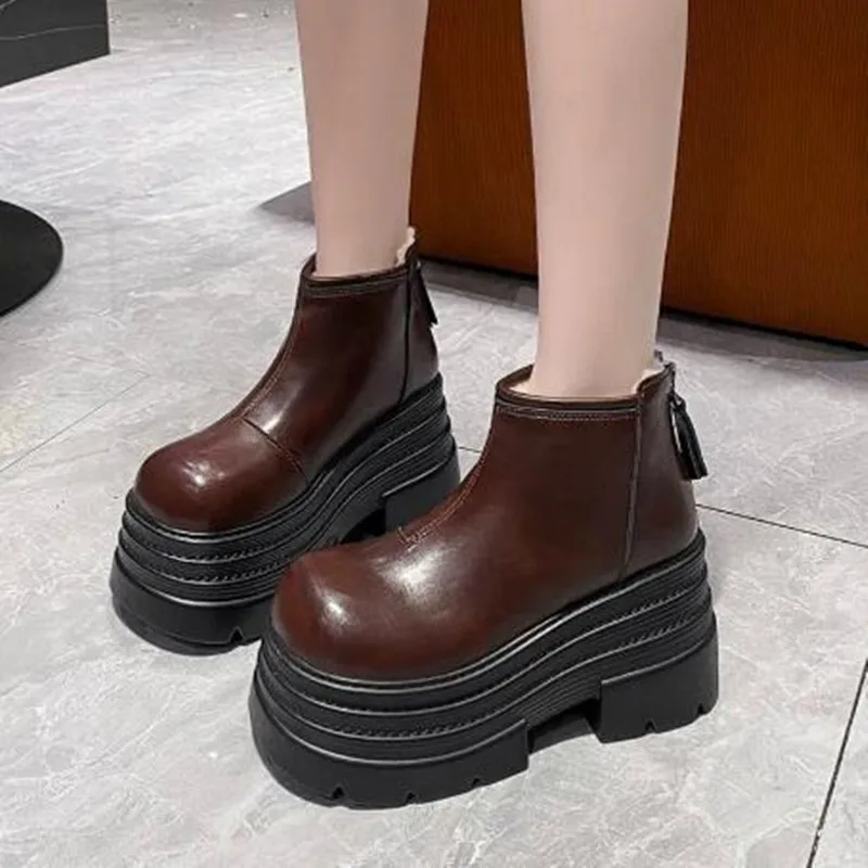

10CM New Women Winter Chunky Ankle Snow Boots High Platform Fur Shoes Wedge Heels Plush Warm Short Boots Leather Chelsea Botas