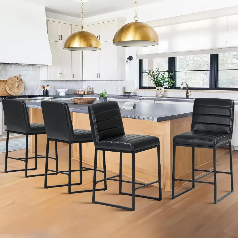 

Leather Bar Stools Set of 4, Modern Counter Height Barstools Kitchen Bar Chairs Island Stools with Upholstered Back and Metal