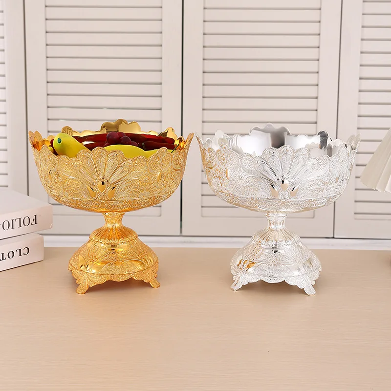 Golden silver fruit plate household living room coffee table creative light luxury snack candy pot fruit bucket