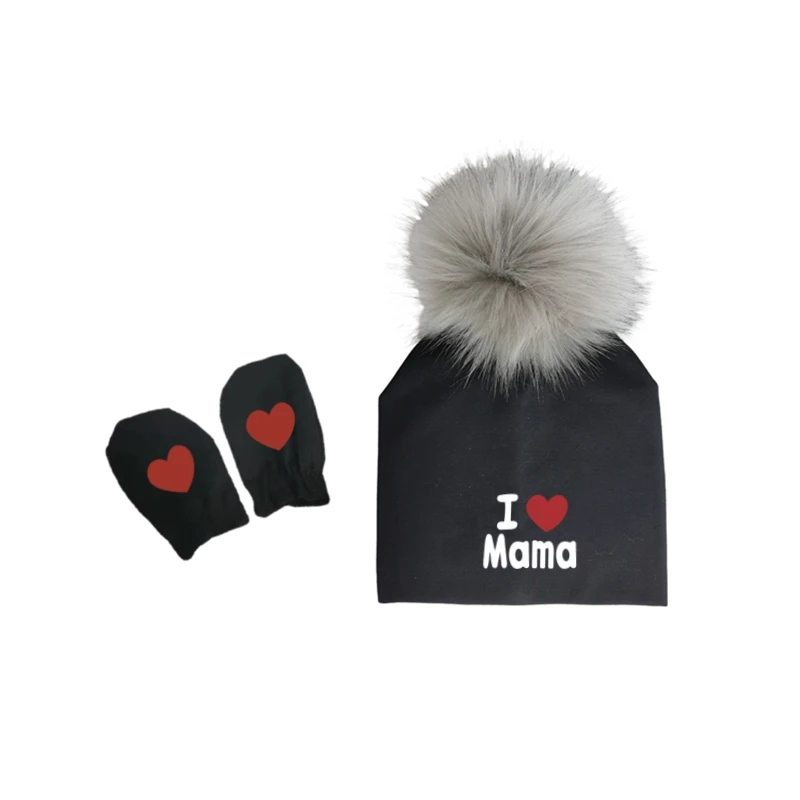 Gorro de algodão com pompom para bebê recém-nascido, adereços fotográficos, chapéu destacável, gorro com luvas, capas para os pés, eu amo mamãe