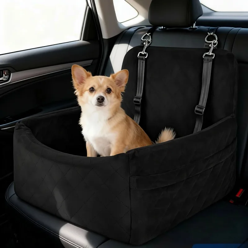 Dual Use Pet Car Booster Seat Portable Travel Bed Detachable Washable Cushion with Storage Bag & Dog Safety Belt for Car Trip