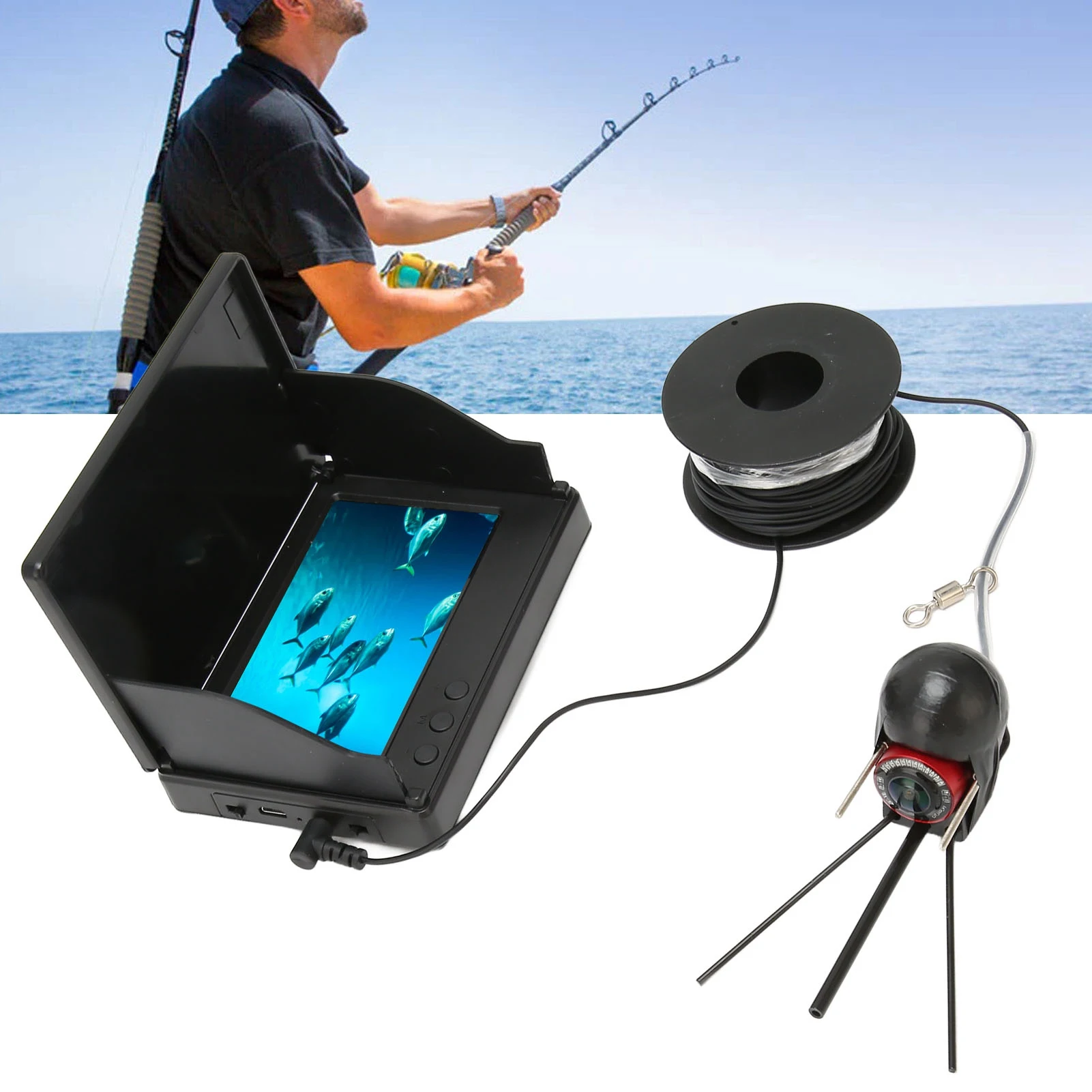 Fish Finder 4.3in TN HD Underwater Fishing Camera IP68 Waterproof Fish Finder with 12 Night Vision Lights for Fishing 100‑240V