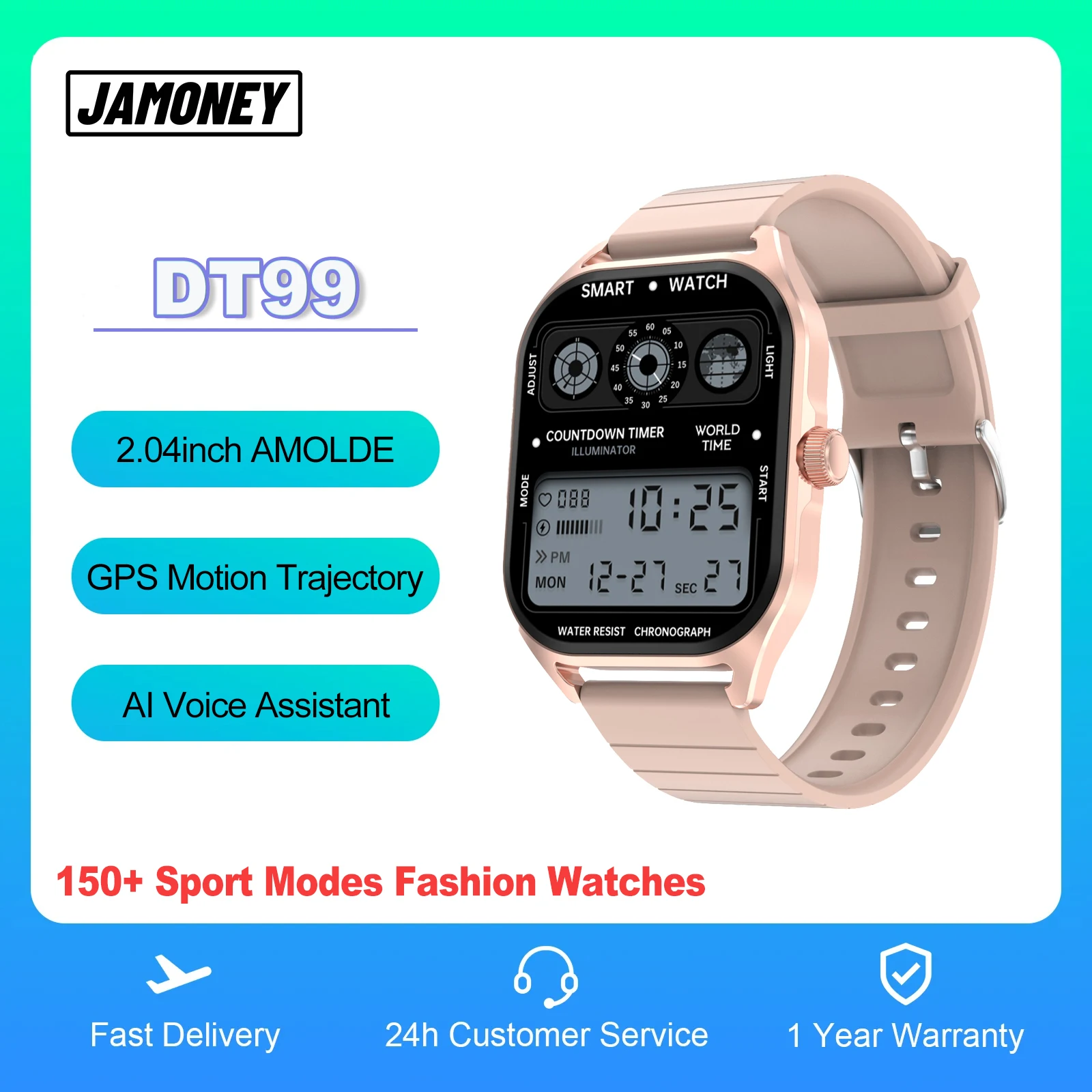 

JAMONEY 2.04inch AMOLDE Display Screen Smart Watch for Men Women DT99 150+Sport Modes AI Voice Assistant GPS Trajectory Tracking