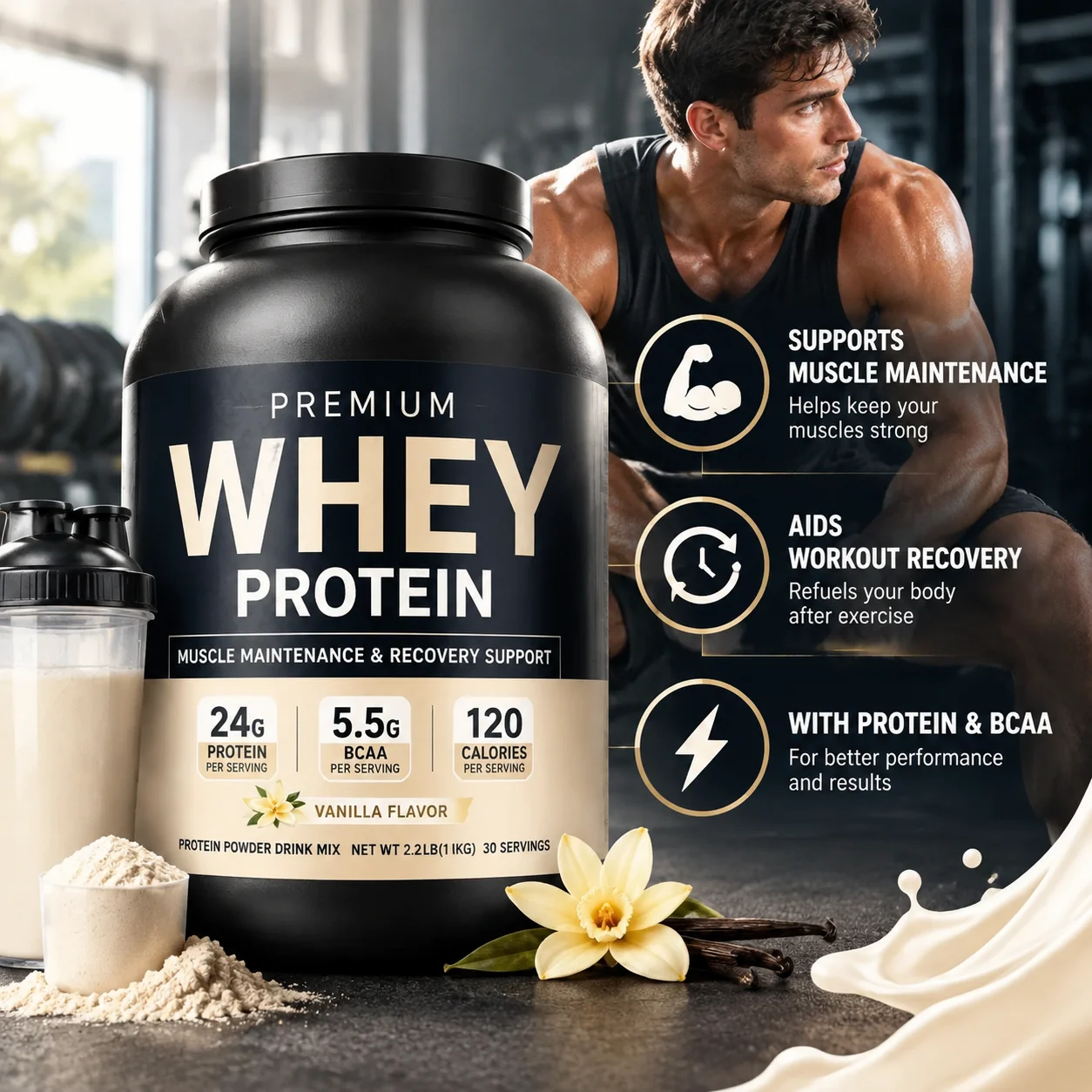 Whey Protein Powder for Muscle Maintenance & Workout Recovery Support with  Protein BCAA Whey Blend Vanilla Flavor 30 Servings