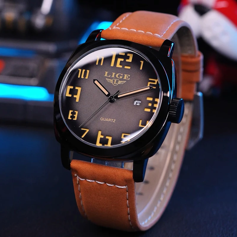 LIGE 2025 جديد كوارتز ساعات المعصم موضة ساعات فاخرة غير رسمية الرجال 30 متر مقاوم للماء مضيئة جلدية تاريخ ساعة رجالي Reloj Hombre