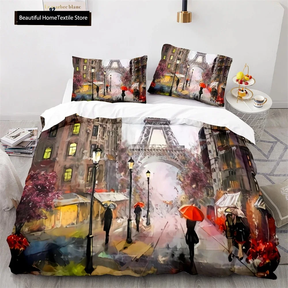 

Eiffel Tower Duvet Cover Set Lake Colourful Cloud Beautiful Landscape Bedding Set King Size For Kid Polyester Comforter Cover