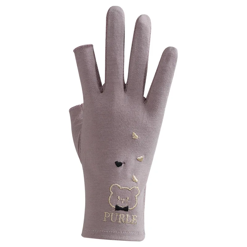 Guantes finos de verano para mujer, cómodos y transpirables, bordado de oso, protector solar, guantes de dos dedos para montar