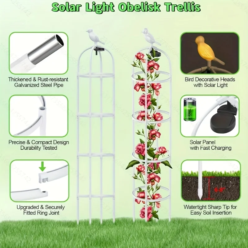 2 Pack Garden Obelisk Trellis with Solar Light, 6 Ft Trellis for Climbing Plants Outdoor Rose Bush Round Trellis for Pots, Rustproof PE Coated Metal Plant Support for Flowers Vine Indoor