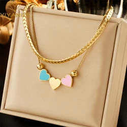 XIYANIKE 316L Stainless Steel Necklace Colorful Heart Pendant Double Chain Accessory for Women New Arrival Jewelry Gift Collier