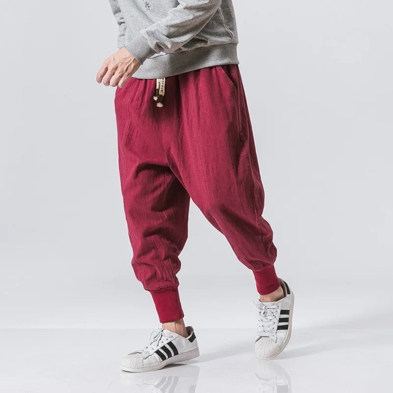 

2024 new Cotton Linen Harem Pants Men Solid Elastic Waist Streetwear Joggers New Baggy Drop-crotch Pants Casual Trousers Men