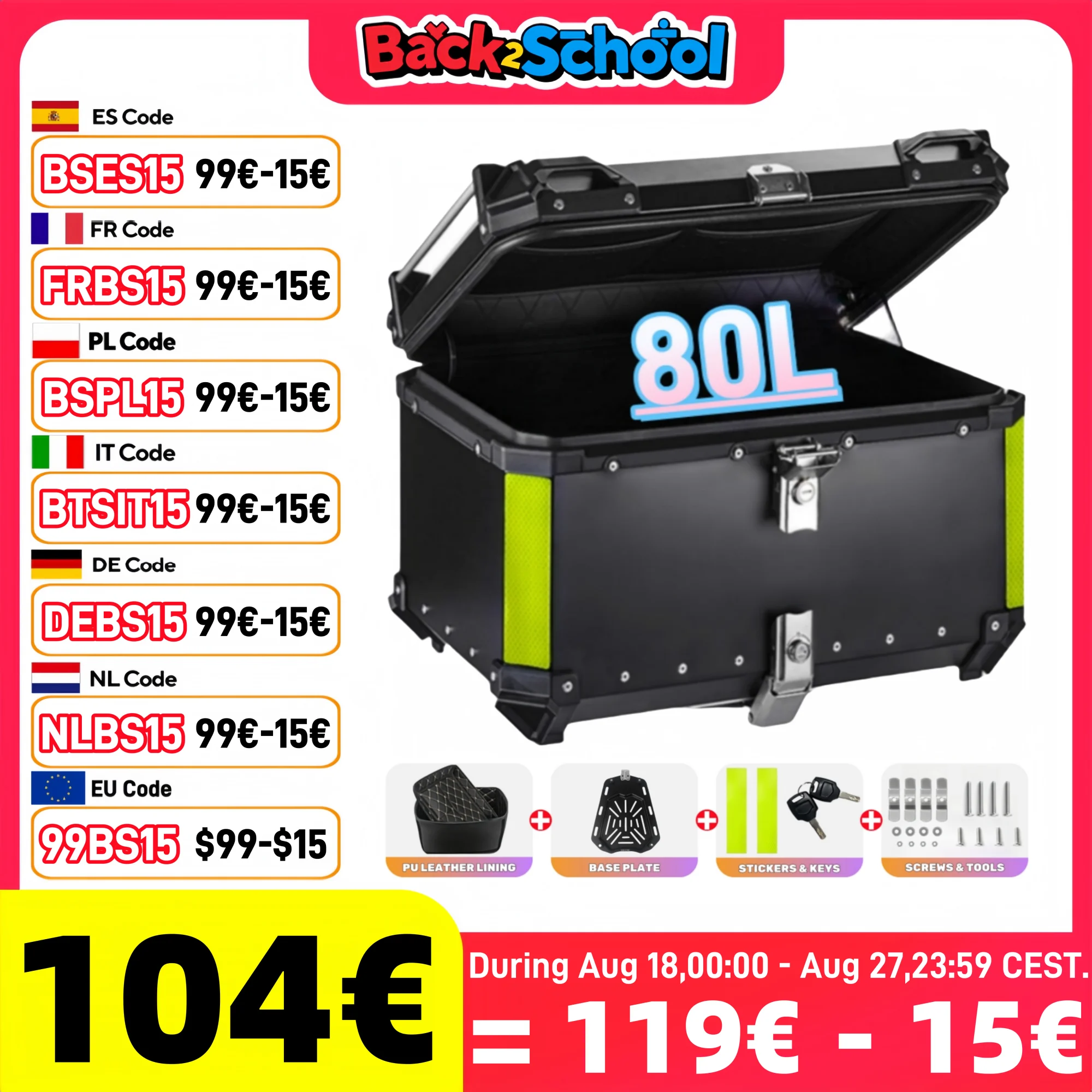 Scatola per casco da moto in alluminio ultra grande da 80 litri Scatola per casco da moto a sgancio rapido Scatola per bagagliaio posteriore impermeabile Cassetta degli attrezzi