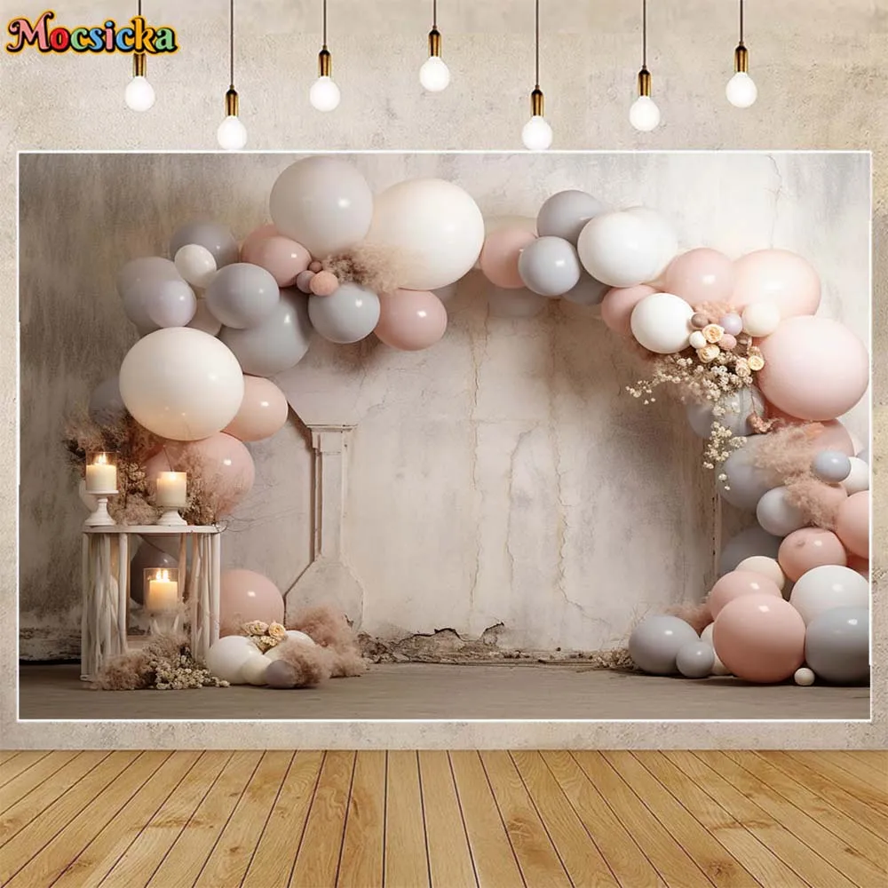 

Mocsicka Arch Balloon Retro Wall Baby Kid Portrait Backdrop Flower Pampas Grass Newborn Photography Background Photo Studio Prop