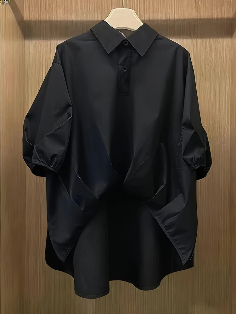 

Women's Fashion Loose Short-Sleeved Polo Shirt with Unique Design and Youthful Look, Niche Solid Color Top