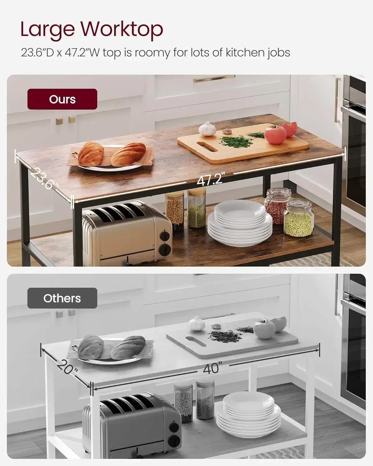 VASAGLE Kitchen Island with 3 Shelves, 47.2 Inches Width Kitchen Shelf with Large Worktop, Stable Steel Structure, Industrial,