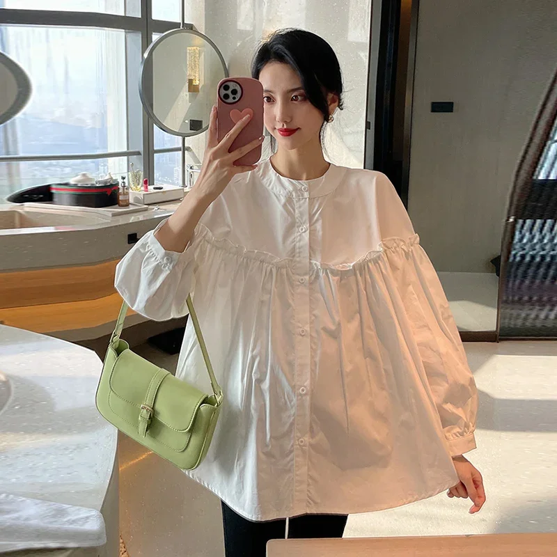 Maternity Loose Blouse Cotton Long Sleeves Stand Collar European Fashion Design Pregnant Women Blouse